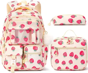 Fimibuke Girls Backpack for School, 3Pcs Waterproof Kids Backpack with Lunch Box & Pencil Bag - Lightweight School Backpack Multi-Pocket Bookbag for Elementary Middle School Student Teens Ages 6 