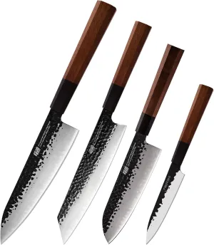 FINDKING Dynasty Series 5” Utility Knife, 7” Santoku Knife, 8” Chef Knife, 9” Kiritsuke Knife, 4pcs Clad Steel Octagonal Handle Kitchen Knives Set