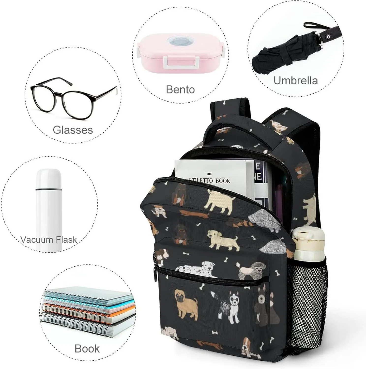 Fiokroo Puppy Dogs Cute Animals Backpack School Bag For Students Teens Men Women Laptop Backpacks Travel Daypack With Multiple Pockets Cute Dogs（black）