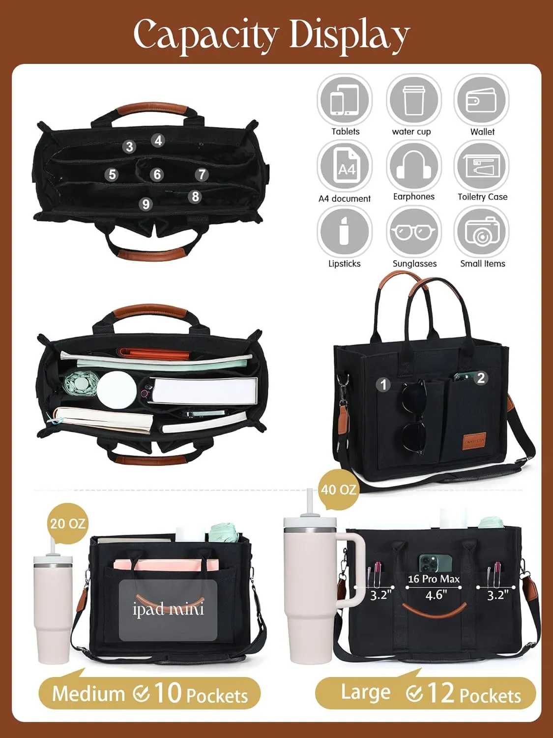 FIORETTO Canvas Tote Bag for Women with Zipper Closure & Individual Compartments for Work College for Teacher & Nurse