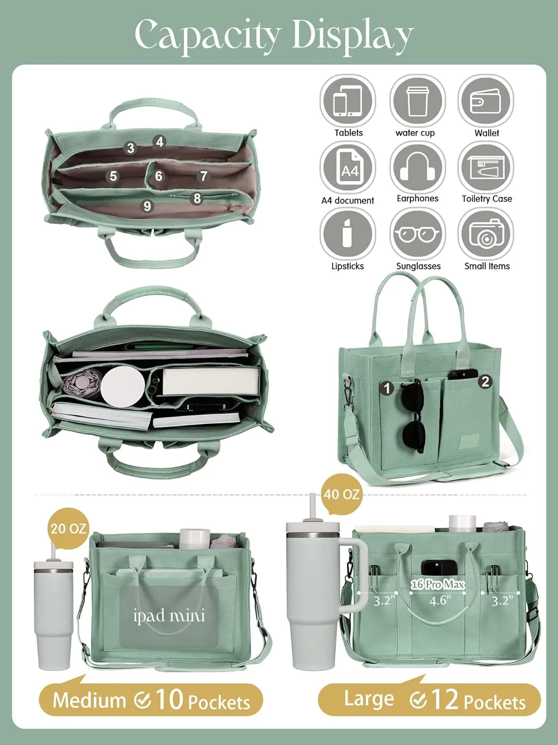 FIORETTO Canvas Tote Bag for Women with Zipper Closure & Individual Compartments for Work College for Teacher & Nurse