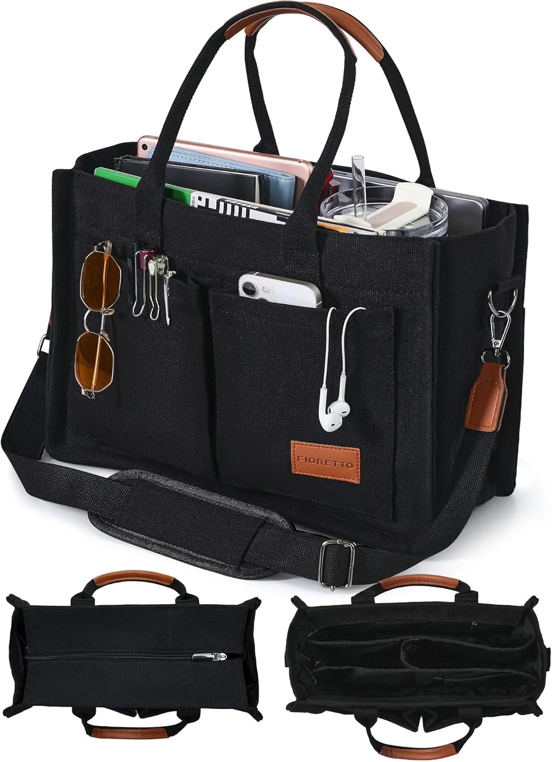 FIORETTO Canvas Tote Bag for Women with Zipper Closure & Individual Compartments for Work College for Teacher & Nurse