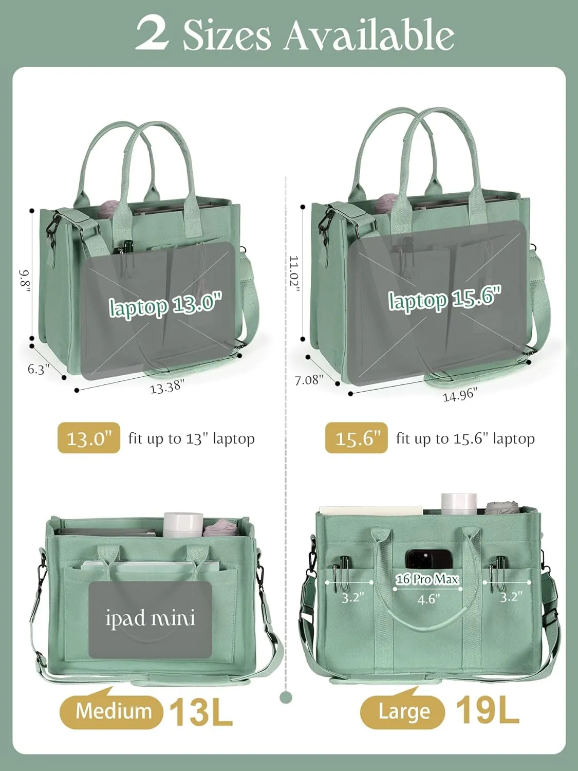 FIORETTO Canvas Tote Bag for Women with Zipper Closure & Individual Compartments for Work College for Teacher & Nurse