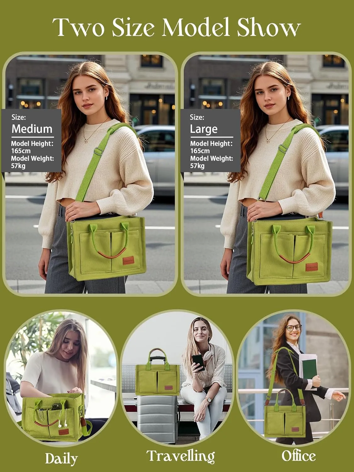 FIORETTO Canvas Tote Bag for Women with Zipper Closure & Individual Compartments for Work College for Teacher & Nurse