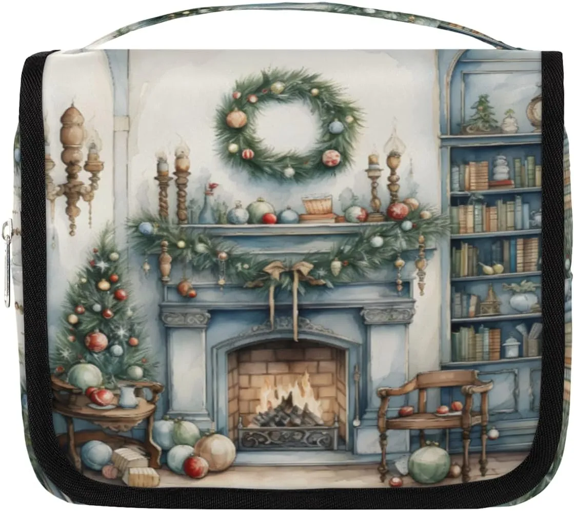 Fireplace New Year Hanging Travel Toiletry Bag Kit Makeup Case Cosmetics Organizer Toiletry Bag for Women Make up Accessories Shampoo Body Cream Brushes Set