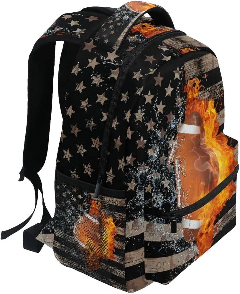Fisyme Football American Flag Backpack Laptop Bag Daypack Travel Hiking School Backpacks for Men Women Kids Girls Boys
