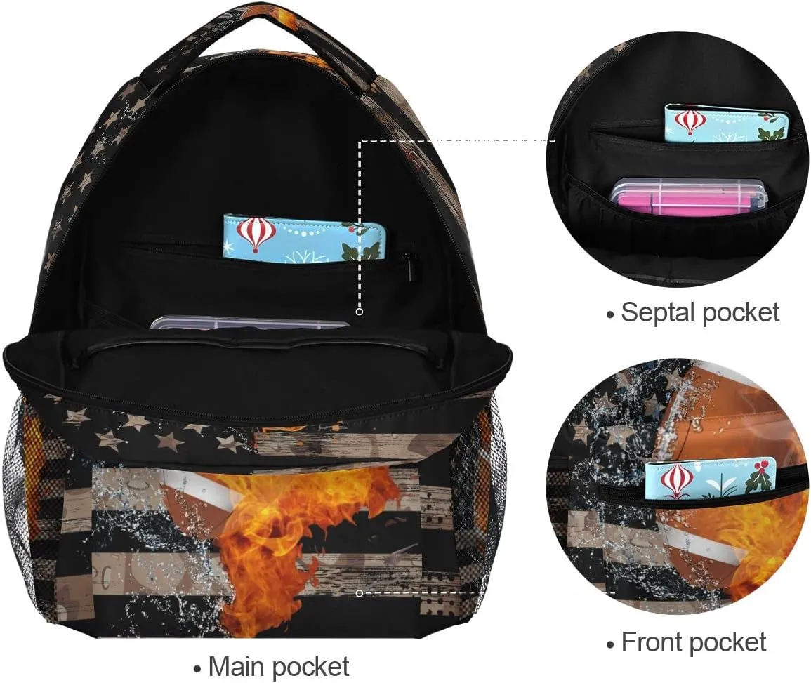 Fisyme Football American Flag Backpack Laptop Bag Daypack Travel Hiking School Backpacks for Men Women Kids Girls Boys