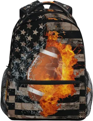 Fisyme Football American Flag Backpack Laptop Bag Daypack Travel Hiking School Backpacks for Men Women Kids Girls Boys