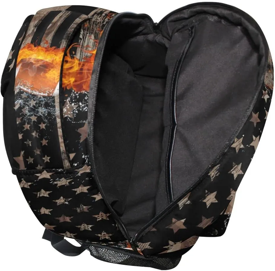 Fisyme Football American Flag Backpack Laptop Bag Daypack Travel Hiking School Backpacks for Men Women Kids Girls Boys