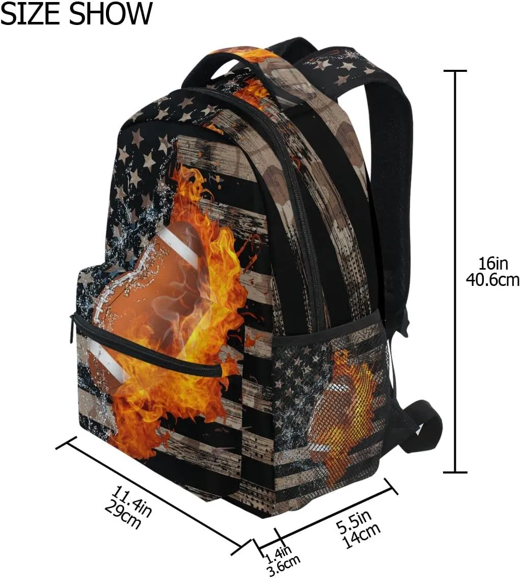 Fisyme Football American Flag Backpack Laptop Bag Daypack Travel Hiking School Backpacks for Men Women Kids Girls Boys