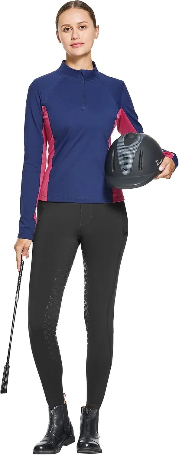 FitsT4 Sports Women's Thermal Fleece Lined Equestrian Shirt Half Zip Running Pullover Athletic Ski Shirt with Thumbholes