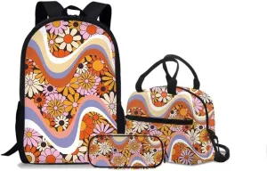 FKELYI Girls Kids Hippie Flower Backpack Elementary School Bags Bookbags 3 Piece Combo Set with Lunch Box and Pencil Holder