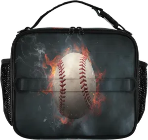 Flaming Baseball Dark Kids Lunch Box Leakproof Insulated Lunch Bag Dual Handles Soft Cooler Bag for Travel Men
