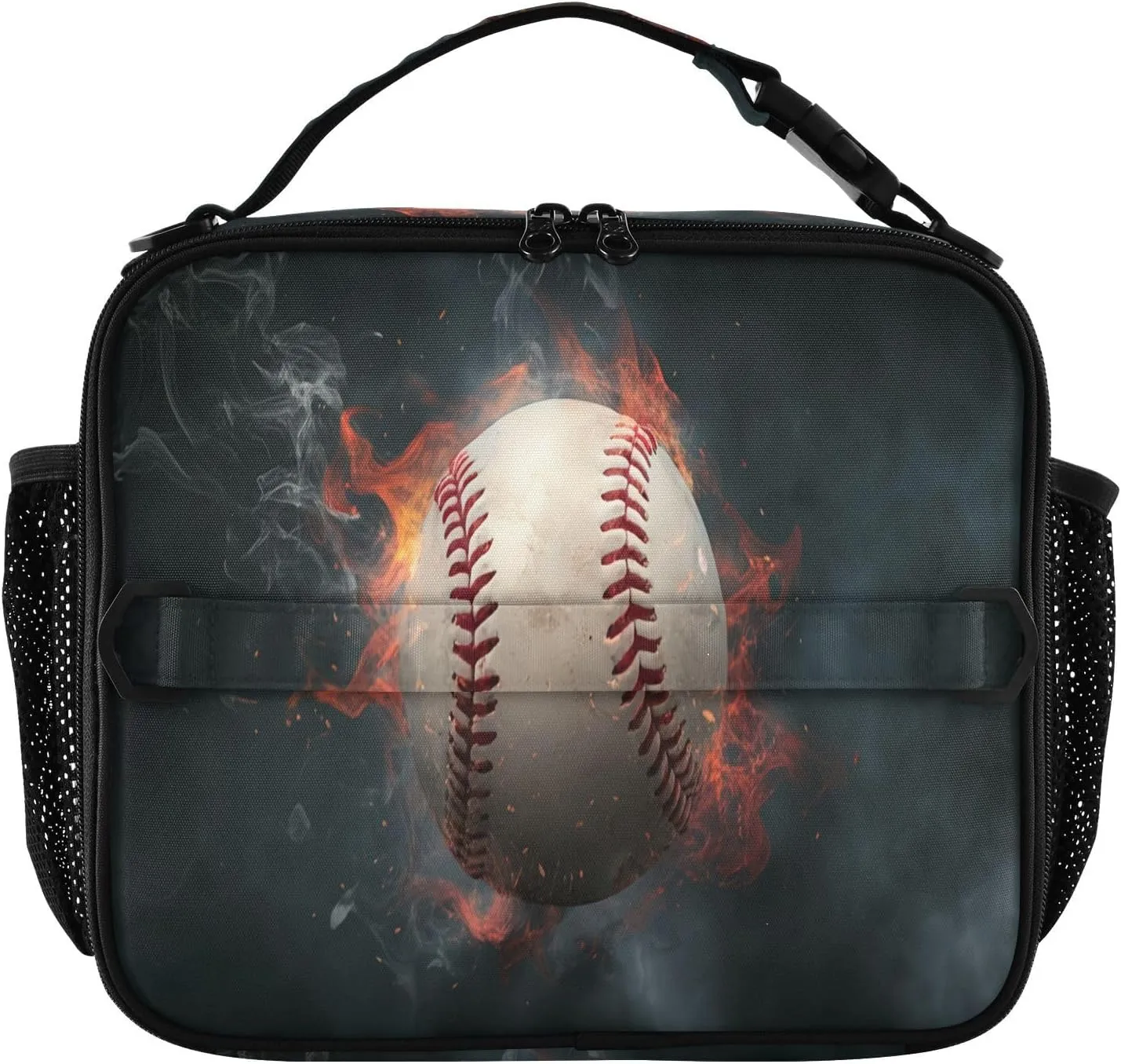 Flaming Baseball Dark Kids Lunch Box Leakproof Insulated Lunch Bag Dual Handles Soft Cooler Bag for Travel Men