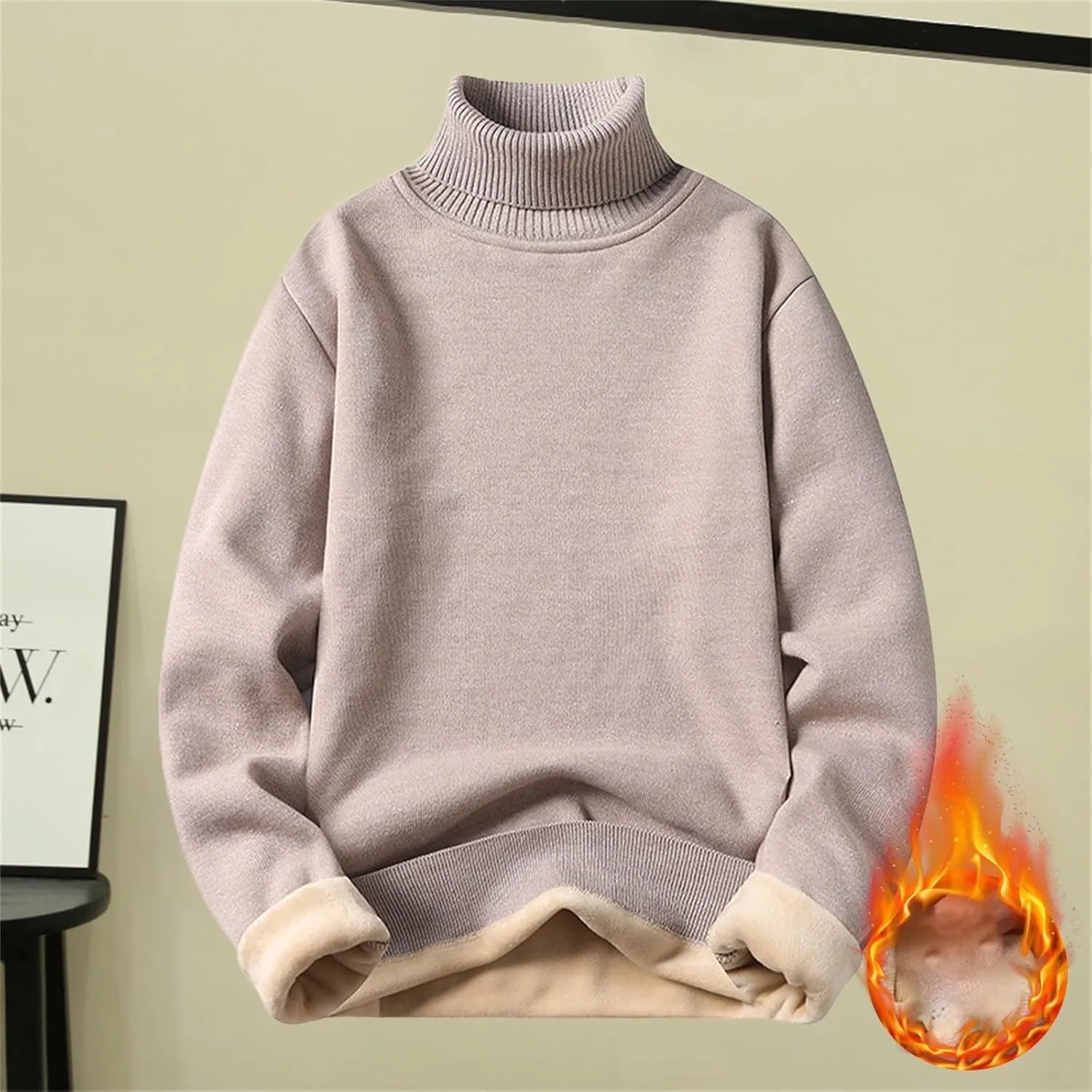 Fleece Lined Sweatshirts for Men Turtleneck Oversized Long Sleeve Knit Sweater Solid Casual Winter Warm Pullover Tops
