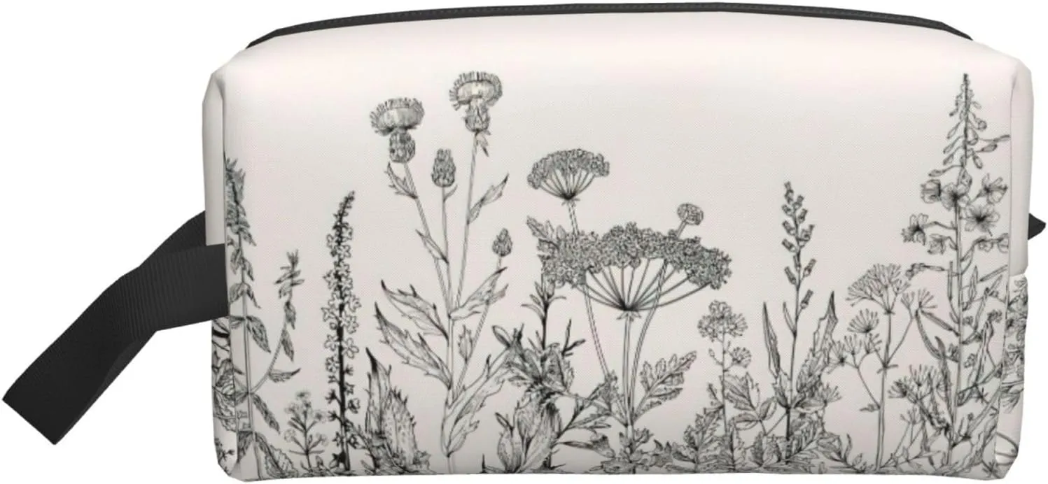 Floral Herbs Botanical Engraving Print Travel Toiletry Bag Zippered Storage Bags with Handles Portable Cosmetic Organizer