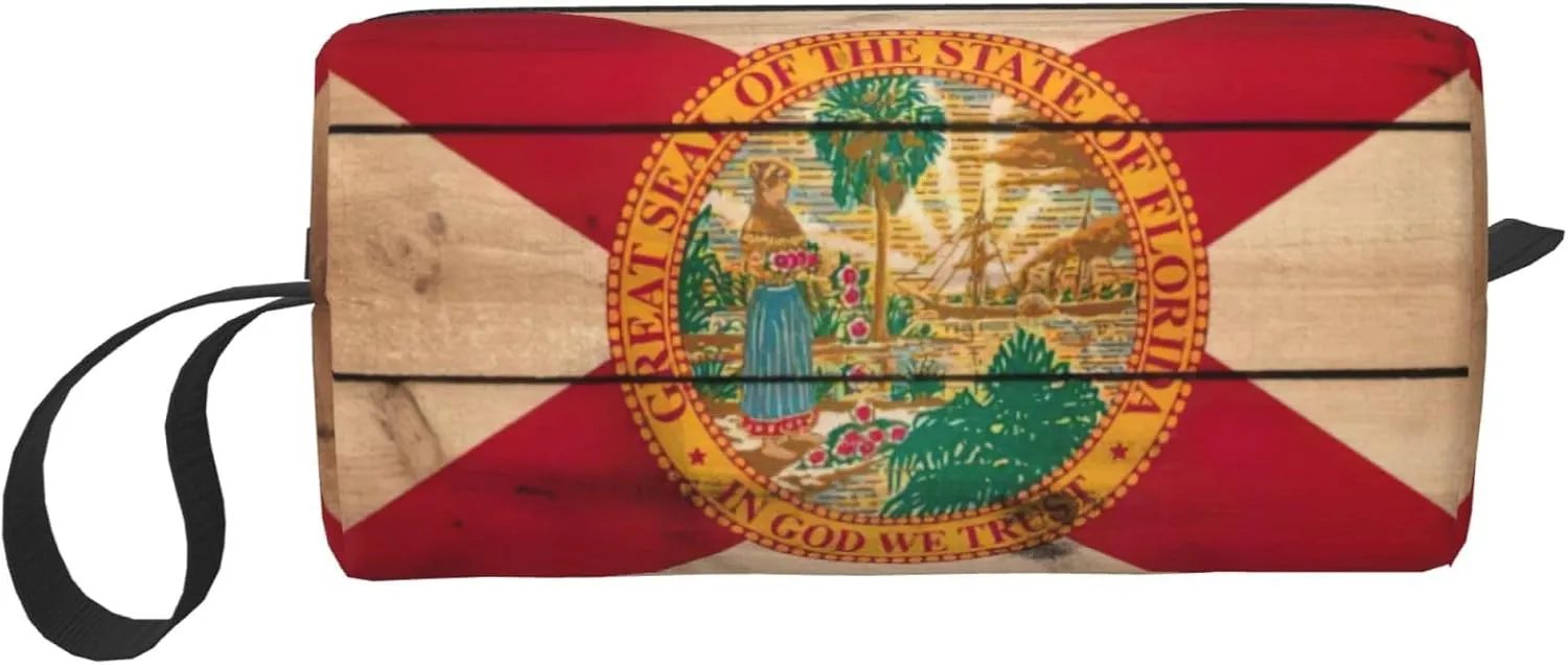 Florida flag wood grain print Multi-Purpose Cosmetic Bag with Zipper Canvas Makeup Bag, Travel Toiletry Pouch, Pencil Bag