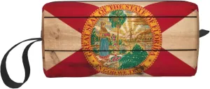 Florida flag wood grain print Multi-Purpose Cosmetic Bag with Zipper Canvas Makeup Bag, Travel Toiletry Pouch, Pencil Bag