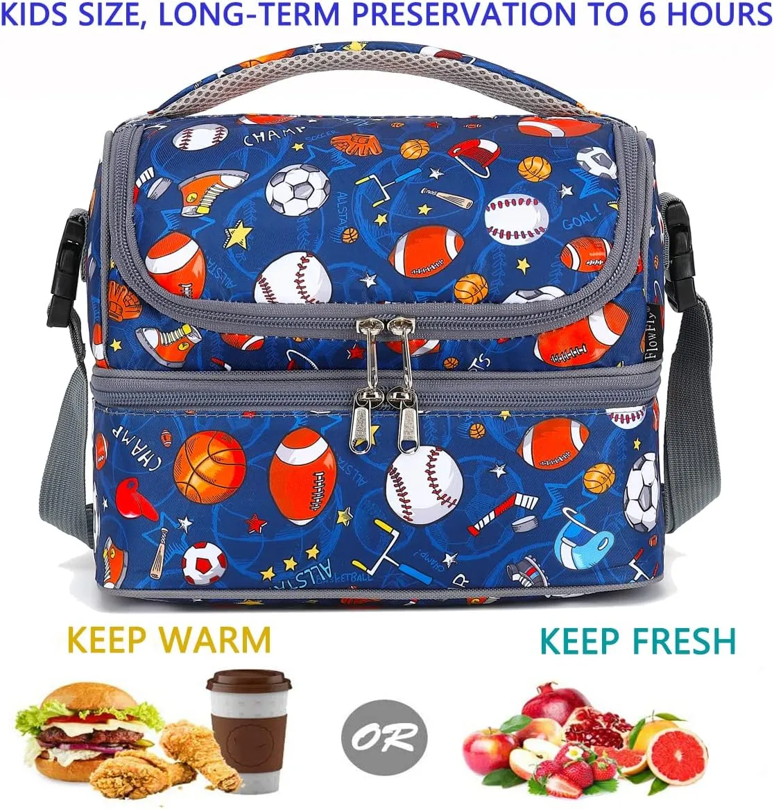 FlowFly Double Decker Cooler Insulated Lunch Bag Large Tote for Boys, Girls, Men, Women, With Adjustable Strap, Football