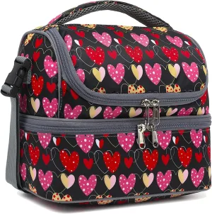 FlowFly Double Decker Cooler Insulated Lunch Bag Large Tote for Boys, Girls, Men, Women, With Adjustable Strap,Heart