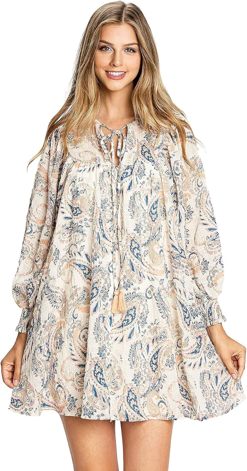 Flying Tomato Women's Juniors Babydoll Bohemian Prints Mini Dress