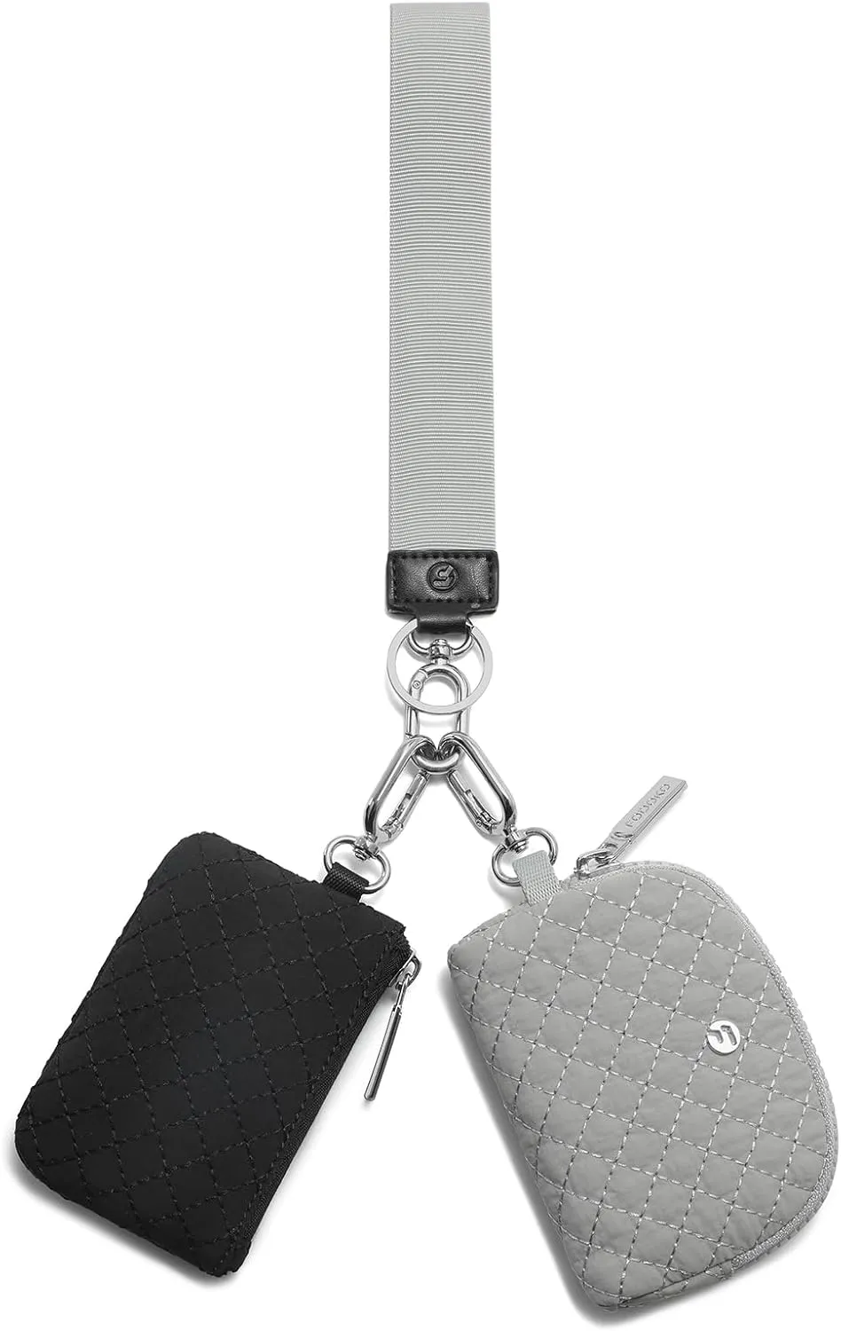 FODOKO Wristlet Wallet for Women, Detachable Dual Pouch Wristlet with Keychain, Mini Zip Around Quilted Coin Purses, Grey/Black