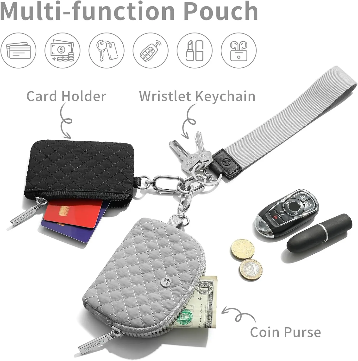 FODOKO Wristlet Wallet for Women, Detachable Dual Pouch Wristlet with Keychain, Mini Zip Around Quilted Coin Purses, Grey/Black