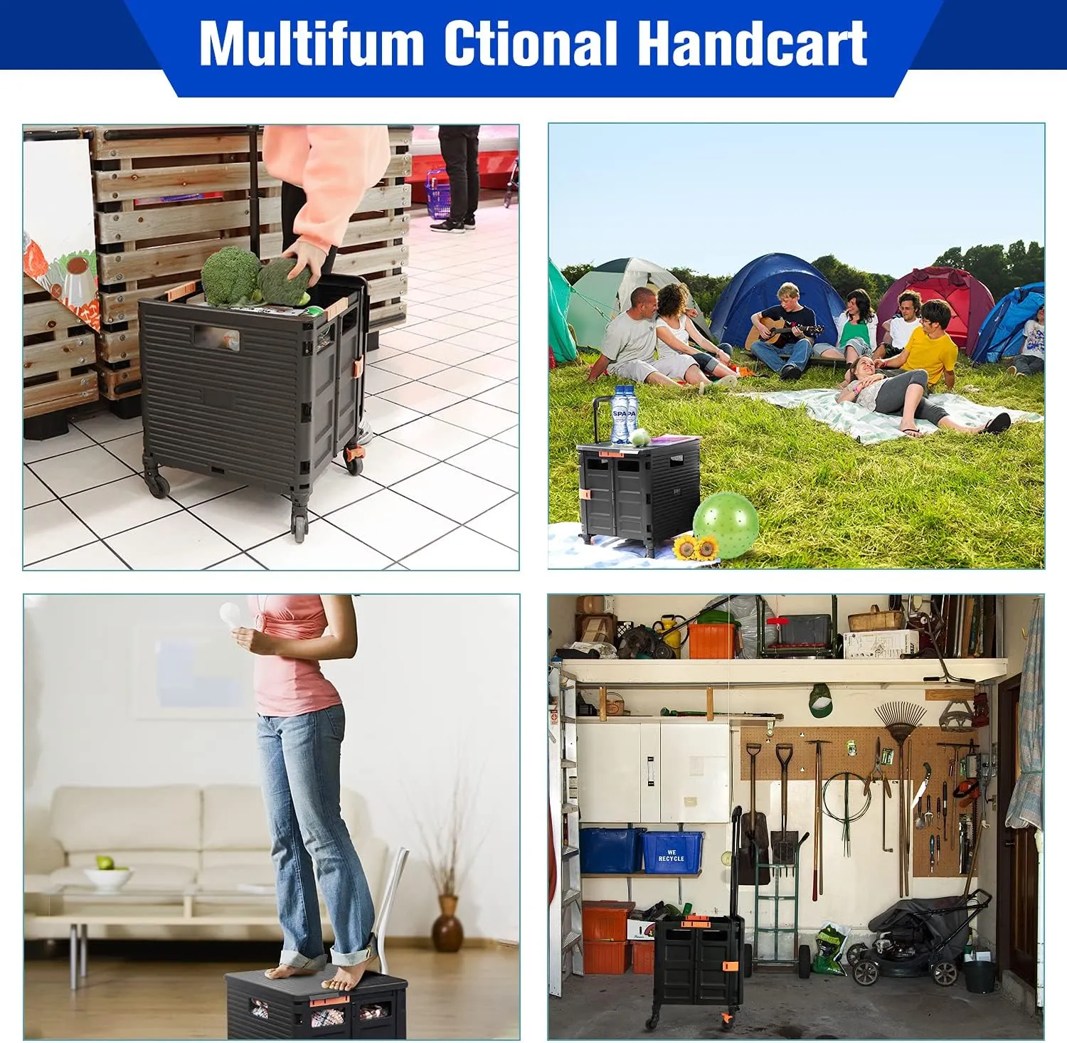 Foldable Utility Cart,Rolling Crate Heavy Duty Shopping Cart with 360° Silent Wheel with Brake System,55L Capacity,Transport Weight up to 177 Pounds,Travel Shopping Moving Luggage Office Use