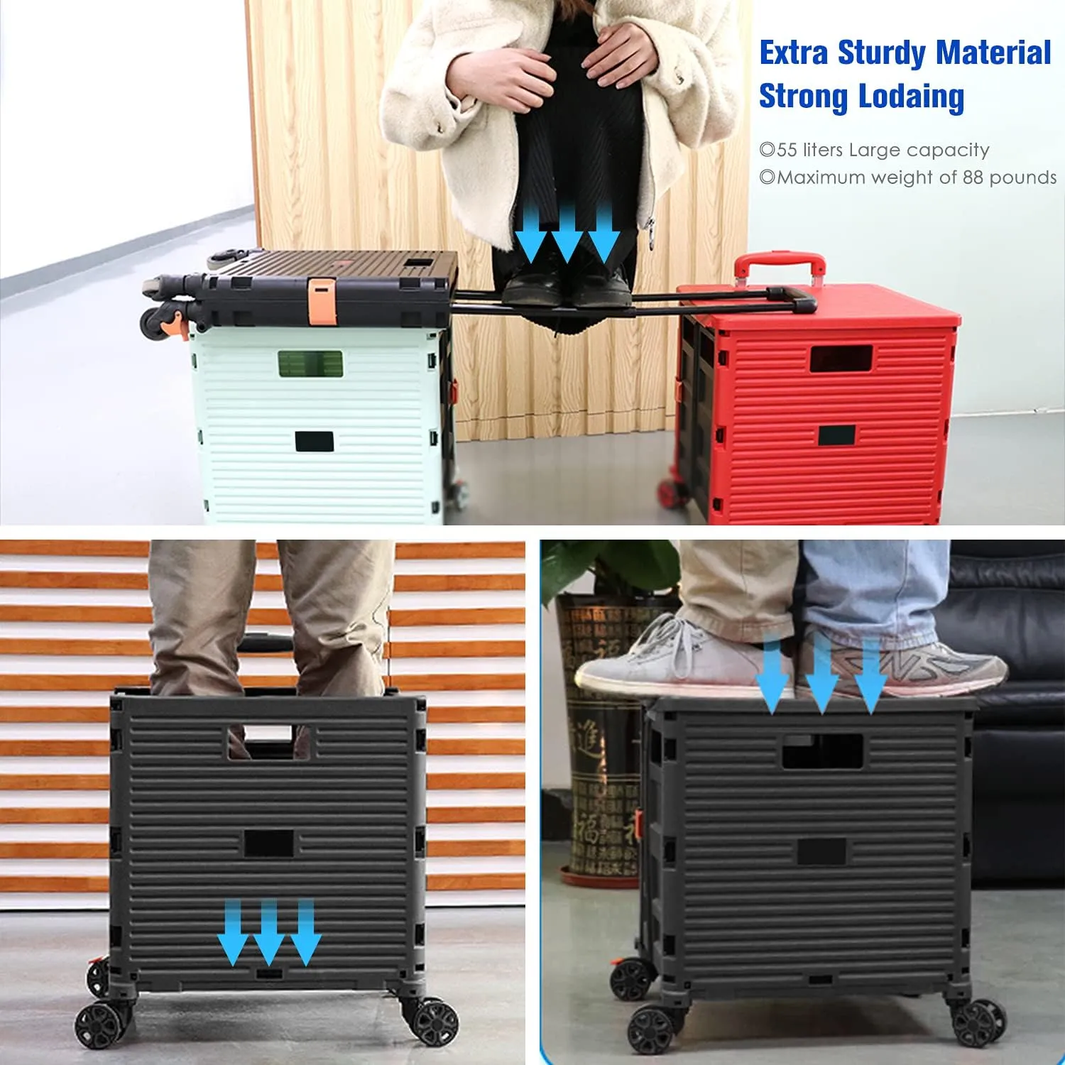 Foldable Utility Cart,Rolling Crate Heavy Duty Shopping Cart with 360° Silent Wheel with Brake System,55L Capacity,Transport Weight up to 177 Pounds,Travel Shopping Moving Luggage Office Use