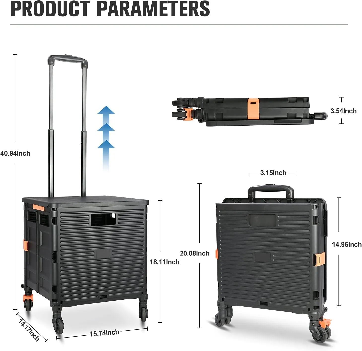 Foldable Utility Cart,Rolling Crate Heavy Duty Shopping Cart with 360° Silent Wheel with Brake System,55L Capacity,Transport Weight up to 177 Pounds,Travel Shopping Moving Luggage Office Use