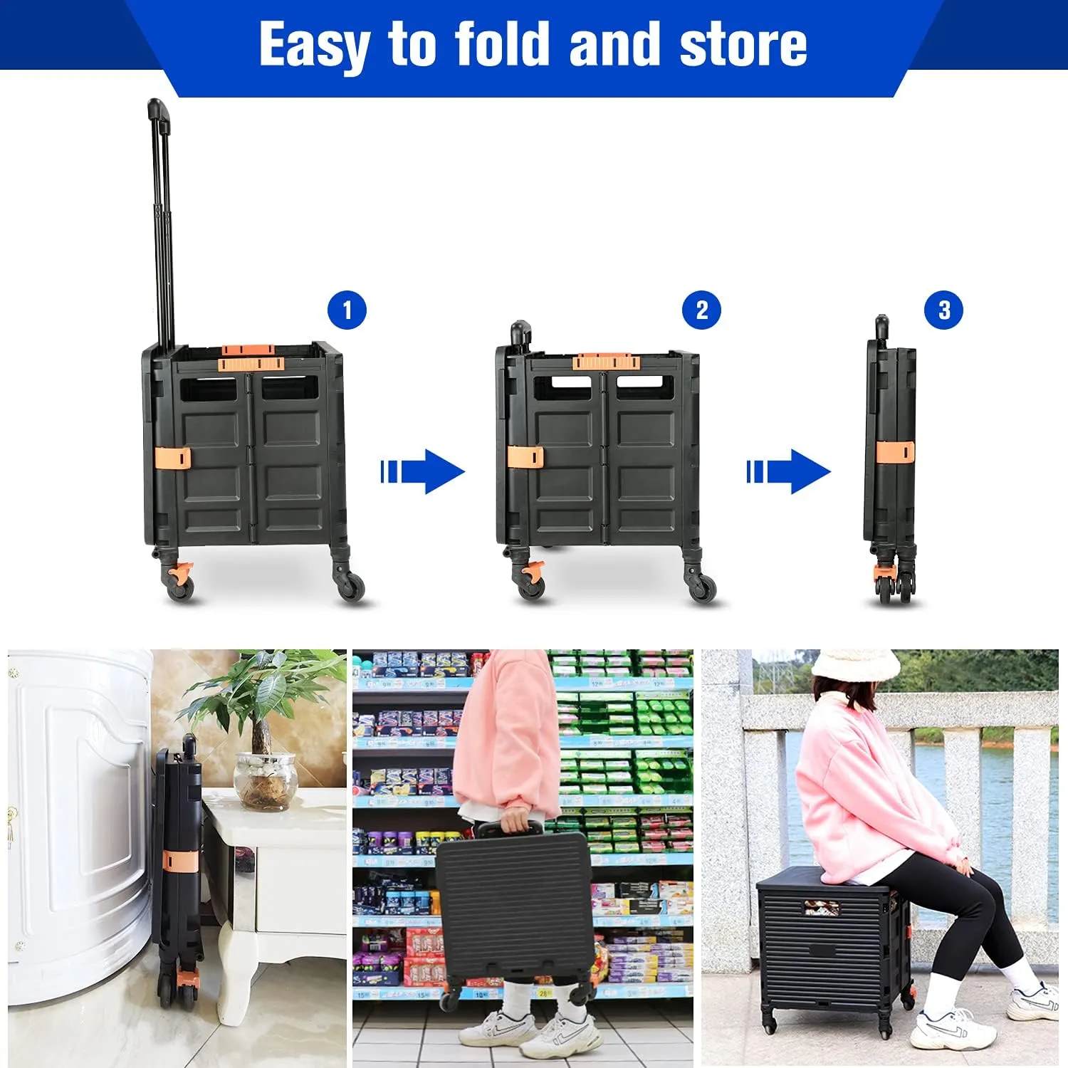 Foldable Utility Cart,Rolling Crate Heavy Duty Shopping Cart with 360° Silent Wheel with Brake System,55L Capacity,Transport Weight up to 177 Pounds,Travel Shopping Moving Luggage Office Use