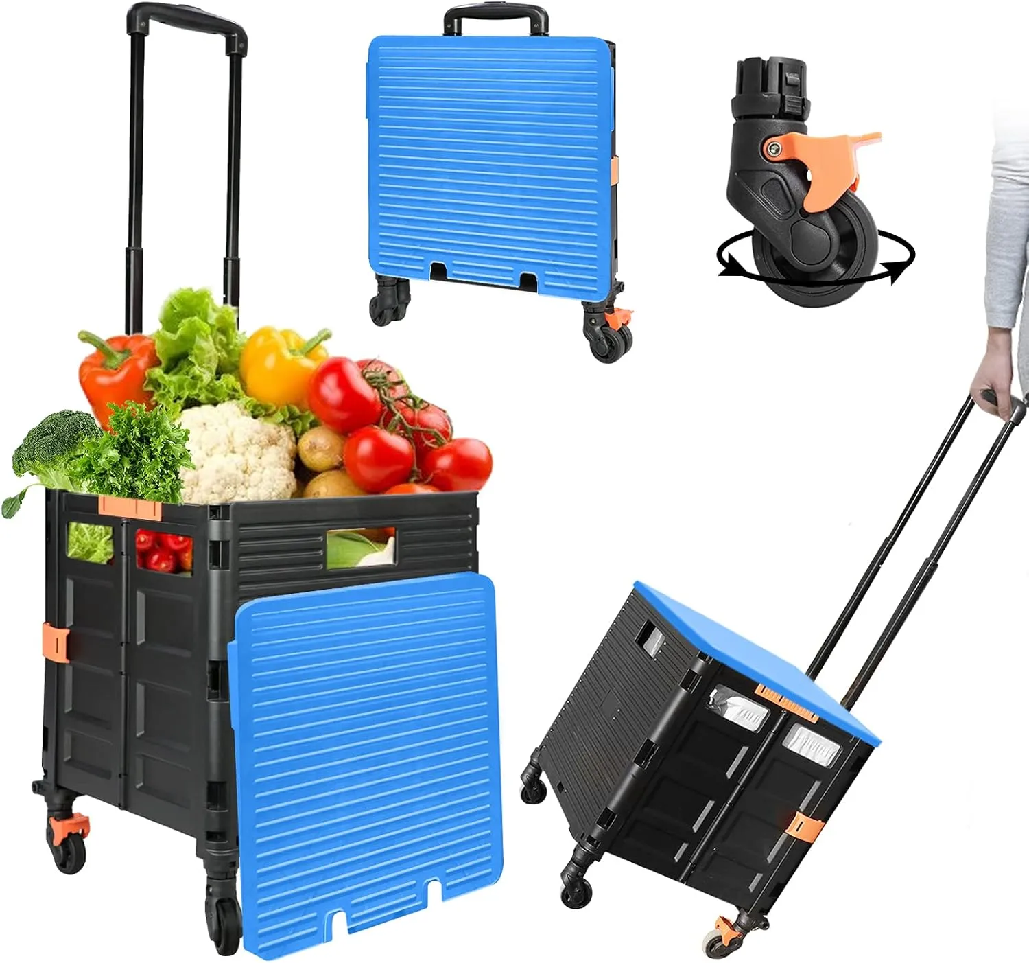 Foldable Utility Cart,Rolling Crate Heavy Duty Shopping Cart with 360° Silent Wheel with Brake System,55L Capacity,Transport Weight up to 177 Pounds,Travel Shopping Moving Luggage Office Use