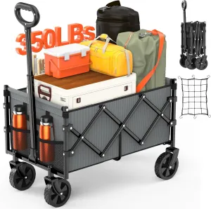 Foldable Wagon with Wheels, Portable Heavy Duty Collapsible Beach Cart - Large Capacity Utility Wagon for Shopping, Sports, Camping，Garden，Grocery - Grey