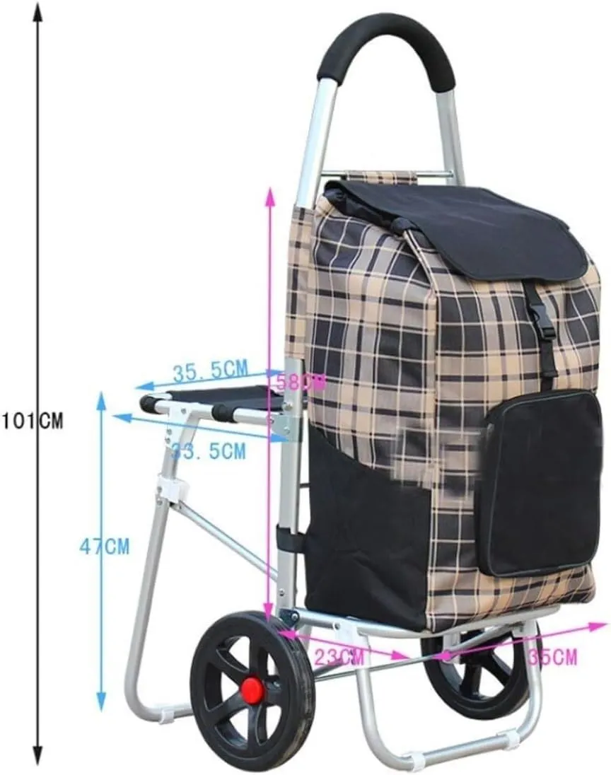 Folding Shopping Cart, Oxford Cloth Shopping Trolley Large Bearing Wheel Stool Aluminum Alloy Folding Trolley Grocery Utility Carts