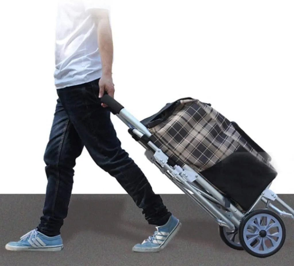 Folding Shopping Cart, Oxford Cloth Shopping Trolley Large Bearing Wheel Stool Aluminum Alloy Folding Trolley Grocery Utility Carts