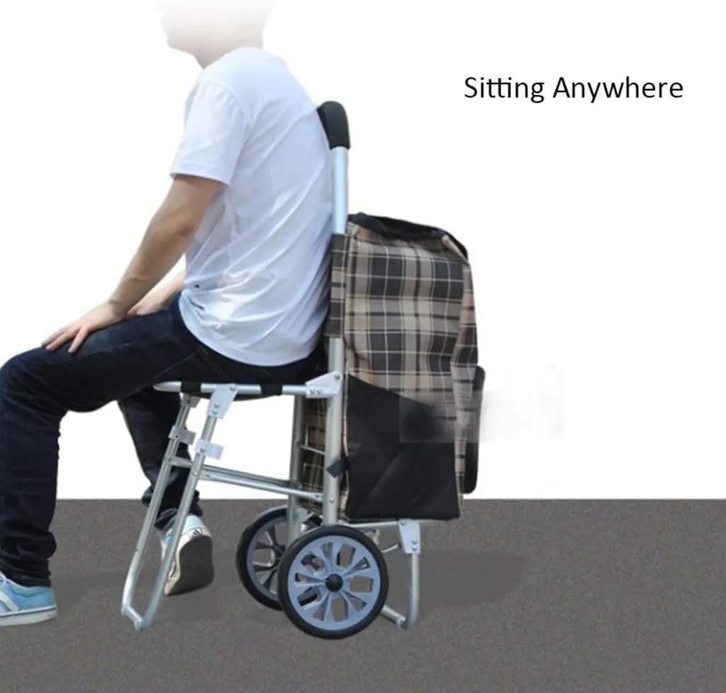 Folding Shopping Cart, Oxford Cloth Shopping Trolley Large Bearing Wheel Stool Aluminum Alloy Folding Trolley Grocery Utility Carts