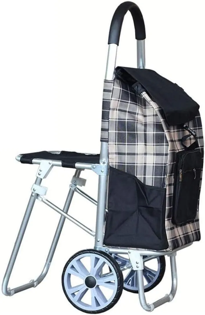 Folding Shopping Cart, Oxford Cloth Shopping Trolley Large Bearing Wheel Stool Aluminum Alloy Folding Trolley Grocery Utility Carts