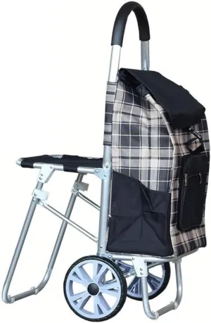 Folding Shopping Cart, Oxford Cloth Shopping Trolley Large Bearing Wheel Stool Aluminum Alloy Folding Trolley Grocery Utility Carts