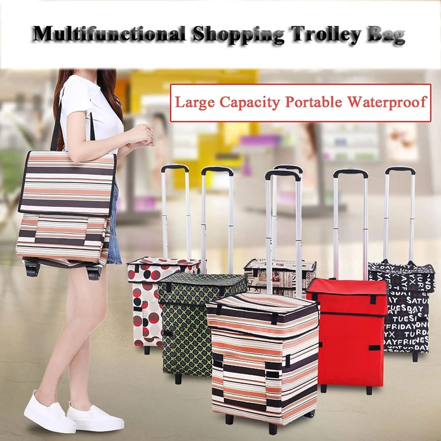 Folding Shopping Cart, Shopping Cart with Wheels Foldable Lightweight Shoulder Bags Trolley Bag Grocery Cart with Telescoping Grocery Utility Carts, 97*34cm