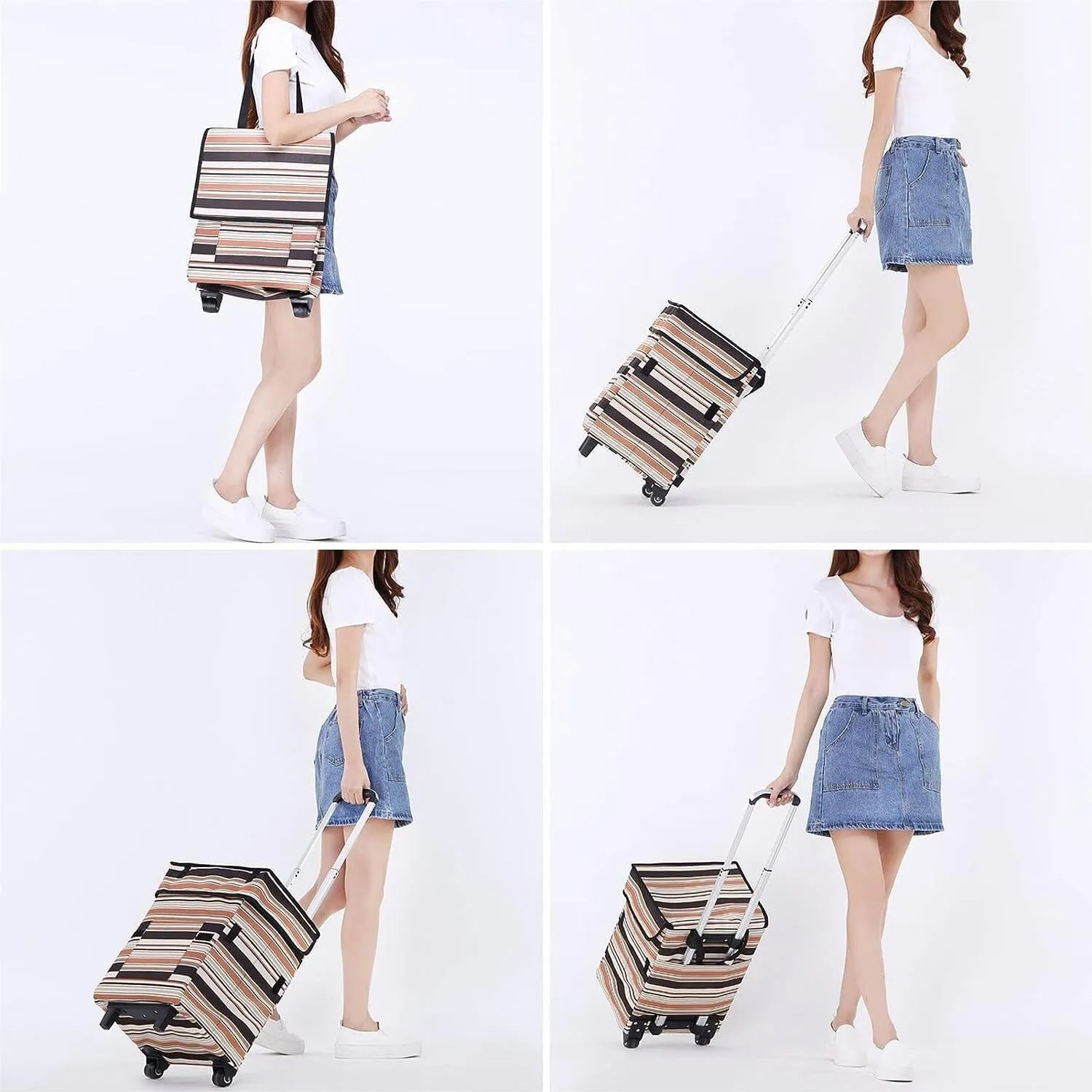 Folding Shopping Cart, Shopping Cart with Wheels Foldable Lightweight Shoulder Bags Trolley Bag Grocery Cart with Telescoping Grocery Utility Carts, 97*34cm