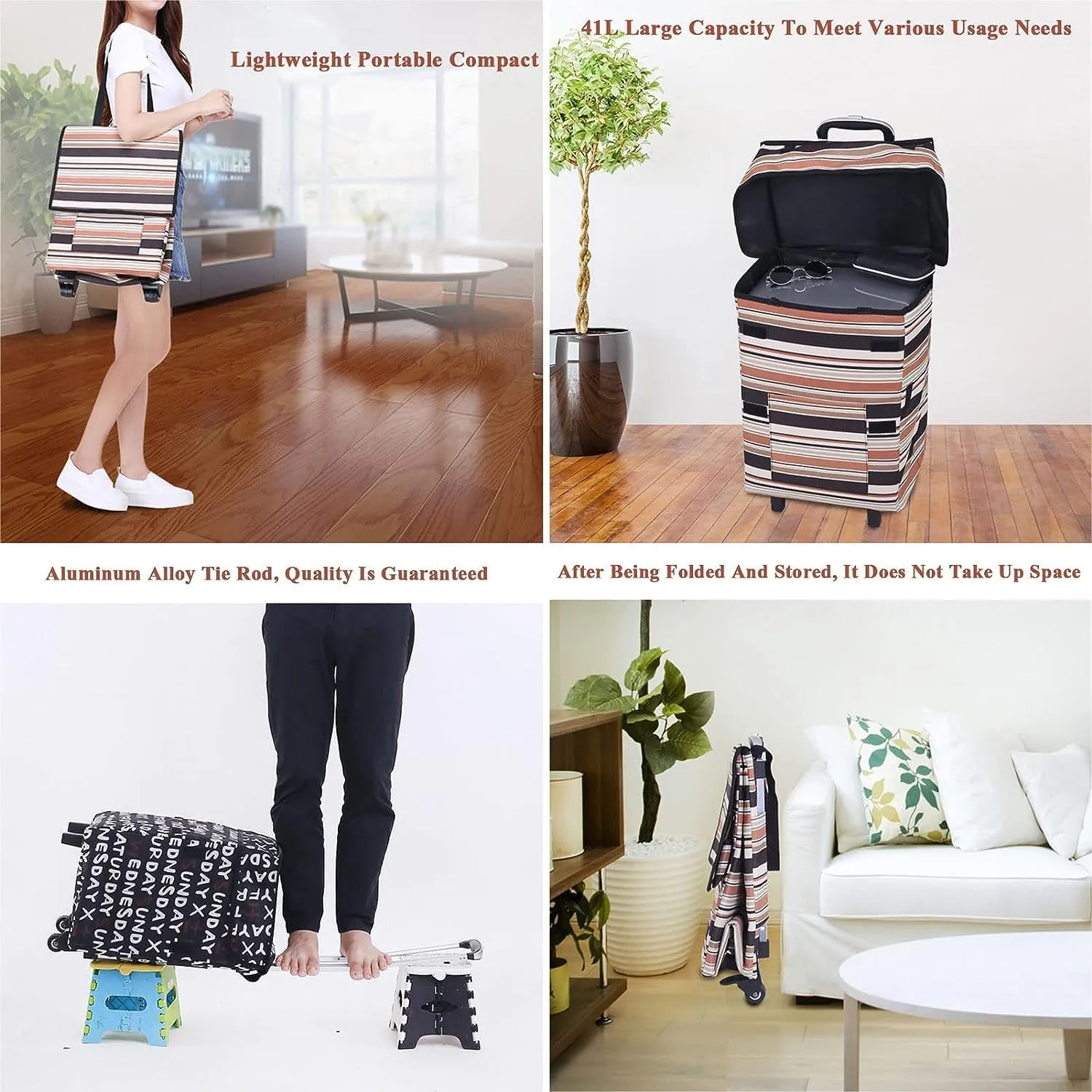 Folding Shopping Cart, Shopping Cart with Wheels Foldable Lightweight Shoulder Bags Trolley Bag Grocery Cart with Telescoping Grocery Utility Carts, 97*34cm