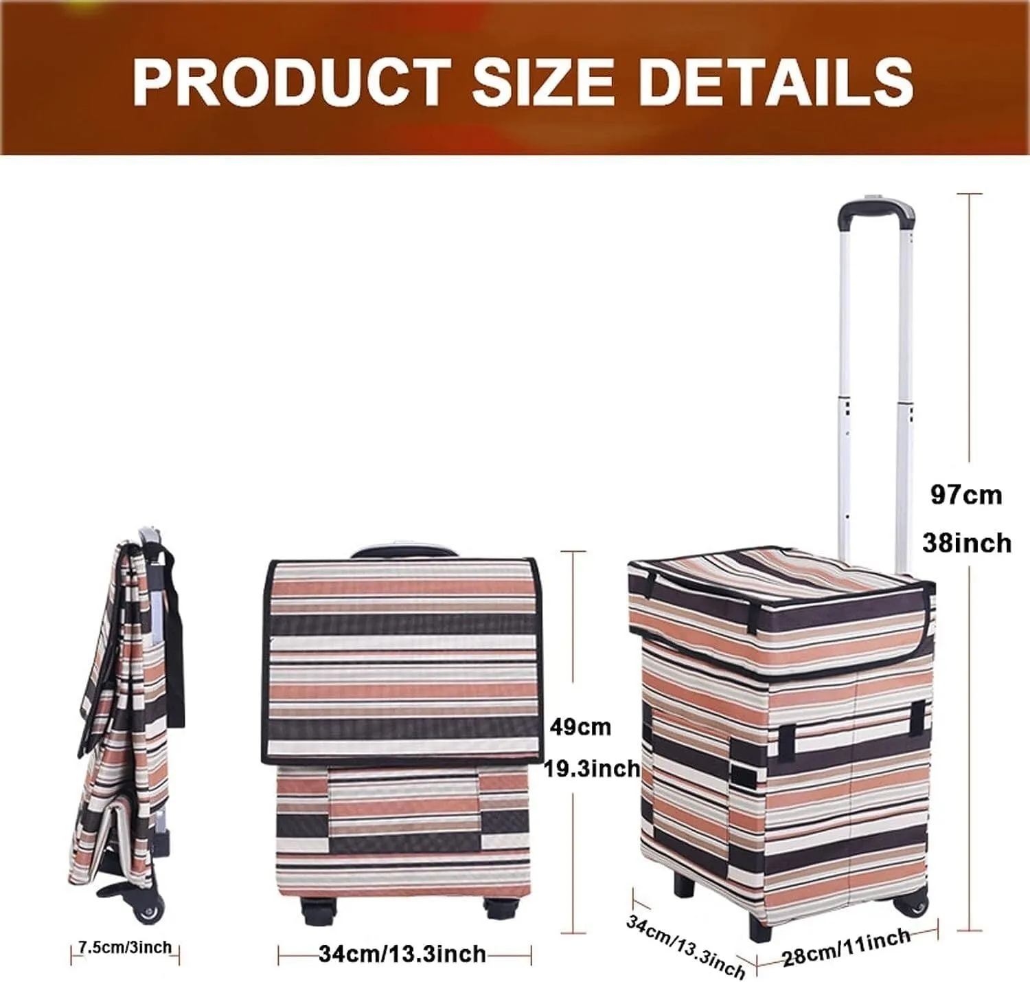 Folding Shopping Cart, Shopping Cart with Wheels Foldable Lightweight Shoulder Bags Trolley Bag Grocery Cart with Telescoping Grocery Utility Carts, 97*34cm