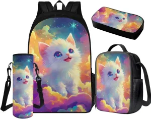 FOR U DESIGNS Cat Backpack for Kids 8-12 Cute Elementary School Bag with Water Bottle Holder Kawaii 5th Grade Girl Book Bag 4 Piece Bookbag Set with Lunch Box