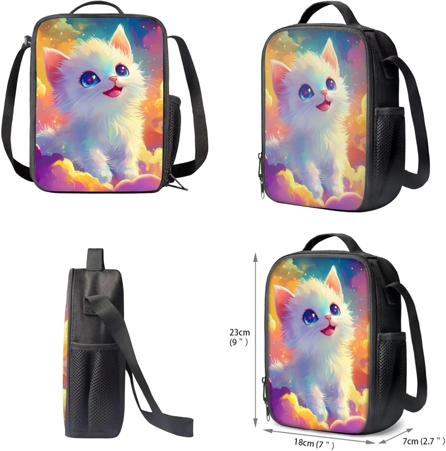 FOR U DESIGNS Cat Backpack for Kids 8-12 Cute Elementary School Bag with Water Bottle Holder Kawaii 5th Grade Girl Book Bag 4 Piece Bookbag Set with Lunch Box