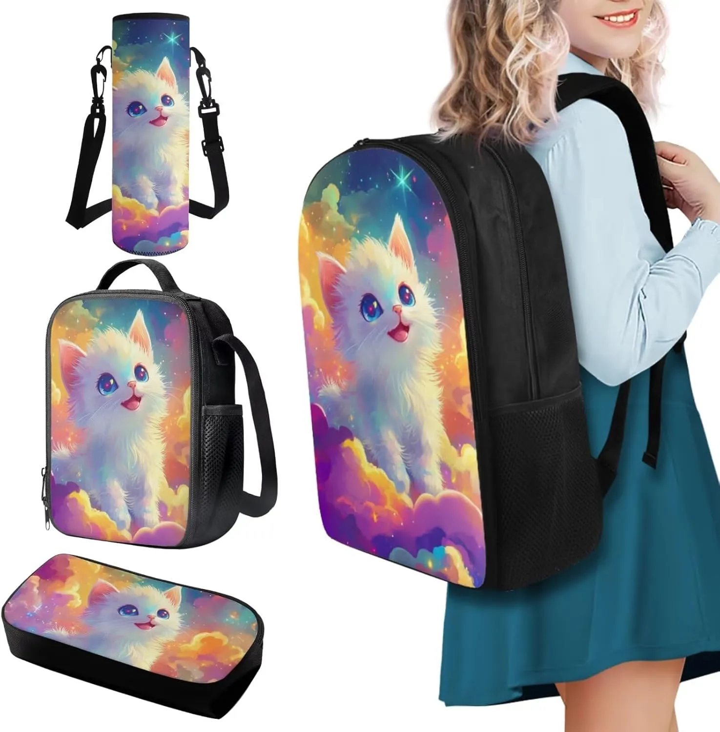 FOR U DESIGNS Cat Backpack for Kids 8-12 Cute Elementary School Bag with Water Bottle Holder Kawaii 5th Grade Girl Book Bag 4 Piece Bookbag Set with Lunch Box