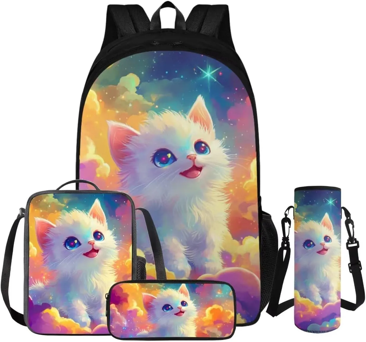 FOR U DESIGNS Cat Backpack for Kids 8-12 Cute Elementary School Bag with Water Bottle Holder Kawaii 5th Grade Girl Book Bag 4 Piece Bookbag Set with Lunch Box