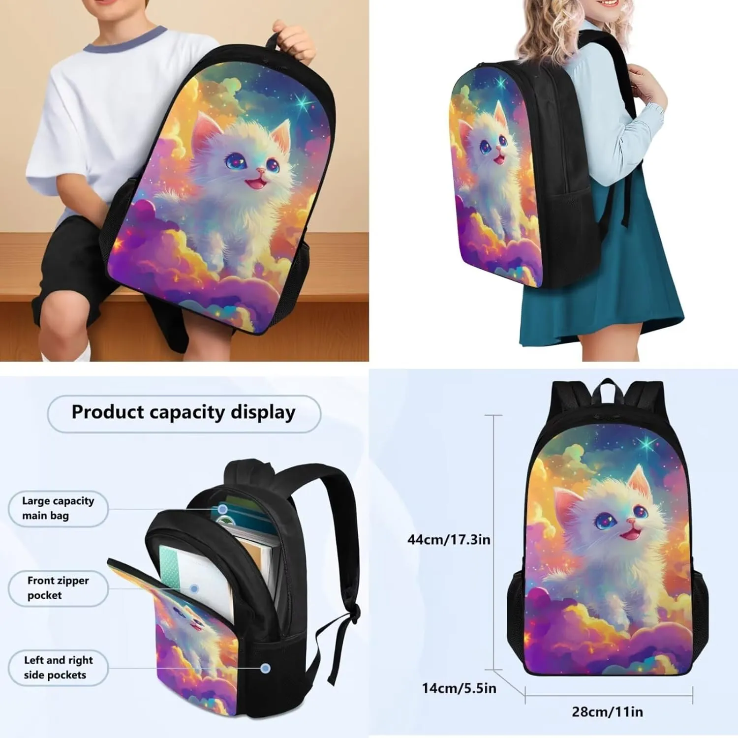 FOR U DESIGNS Cat Backpack for Kids 8-12 Cute Elementary School Bag with Water Bottle Holder Kawaii 5th Grade Girl Book Bag 4 Piece Bookbag Set with Lunch Box