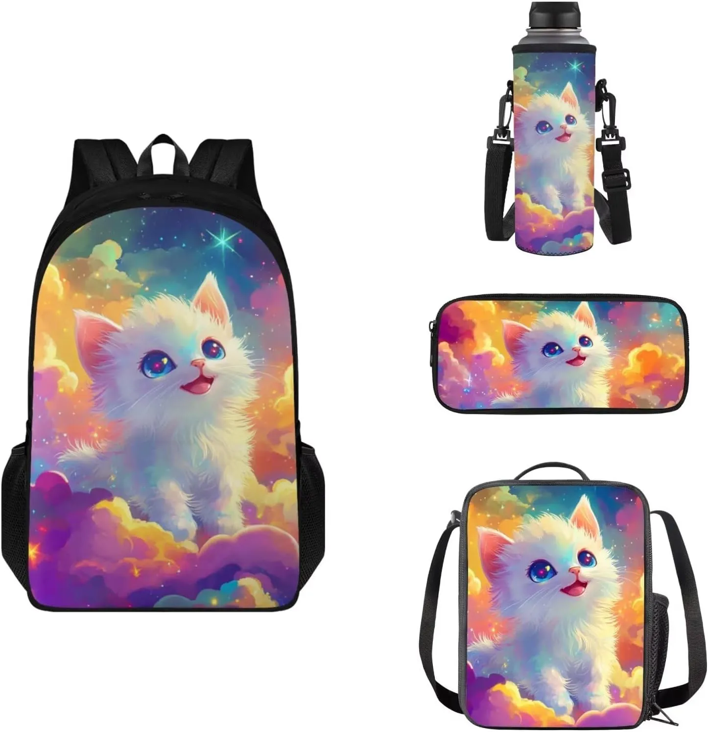 FOR U DESIGNS Cat Backpack for Kids 8-12 Cute Elementary School Bag with Water Bottle Holder Kawaii 5th Grade Girl Book Bag 4 Piece Bookbag Set with Lunch Box