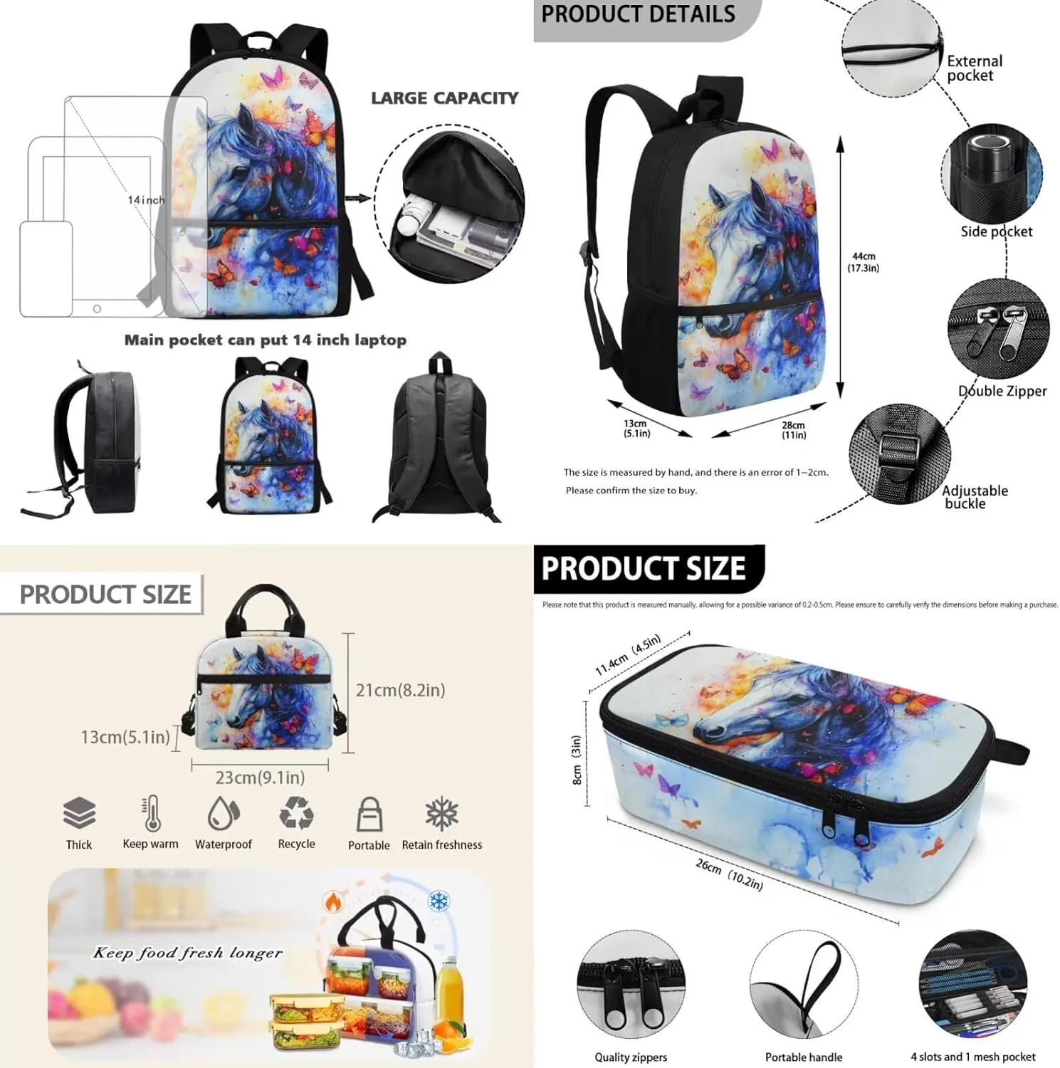 FOR U DESIGNS Horse Backpacks for Girls 3 Piece Backpacks for Girls 8-10 Elementary School Bag and Lunch Bag Set 2nd Grade Book Bags for School Lightweight Travel Rucksack