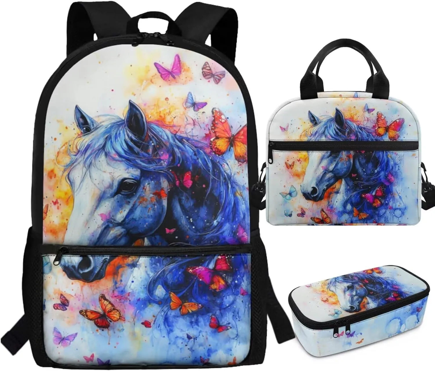 FOR U DESIGNS Horse Backpacks for Girls 3 Piece Backpacks for Girls 8-10 Elementary School Bag and Lunch Bag Set 2nd Grade Book Bags for School Lightweight Travel Rucksack